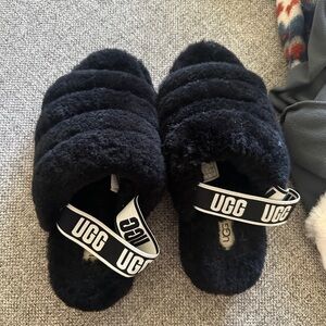 UGG Black Shearling Logo Strap Slides